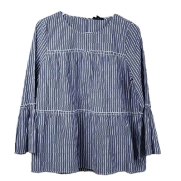 Mittoshop Chambray Blue Stripe Tiered Keyhole Blouse Summer Casual Top Nautical - Picture 4 of 8
